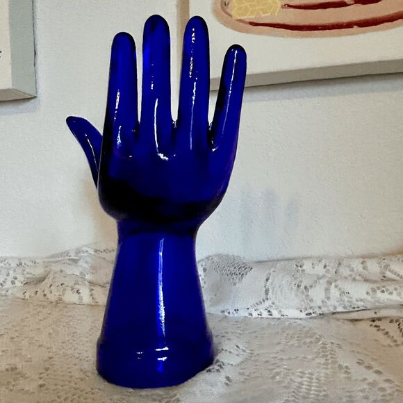 Vintage Cobalt Blue Glass Hand Ring Display - 8" Jewelry Holder - Picture 2 of 4